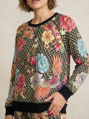 JOHNNY WAS Fagan Raglan Crewneck Sweatshirt Floral Crane Print Large